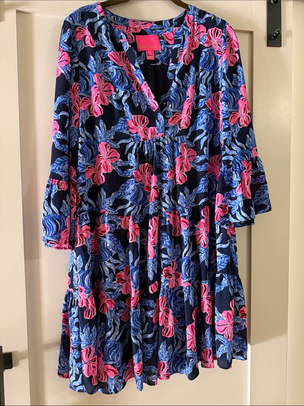 Lilly Pulitzer Black Dress with Pink and Blue Floral Pattern